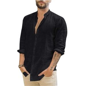 ZARA Men’s Linen Blend Band Collar button down  Shirt | Size Large